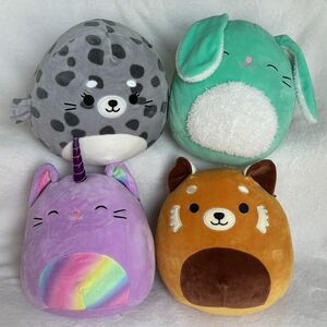 Lot of Four (4) Squishmallow 8” Soft Plush Toys Seal Bunny Catycorn Red Panda
